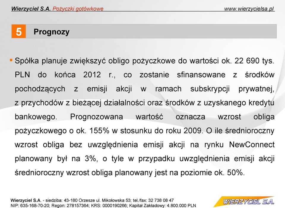 z uzyskanego kredytu bankowego. Prognozowana wartość oznacza wzrost obliga pożyczkowego o ok. 155% w stosunku do roku 2009.