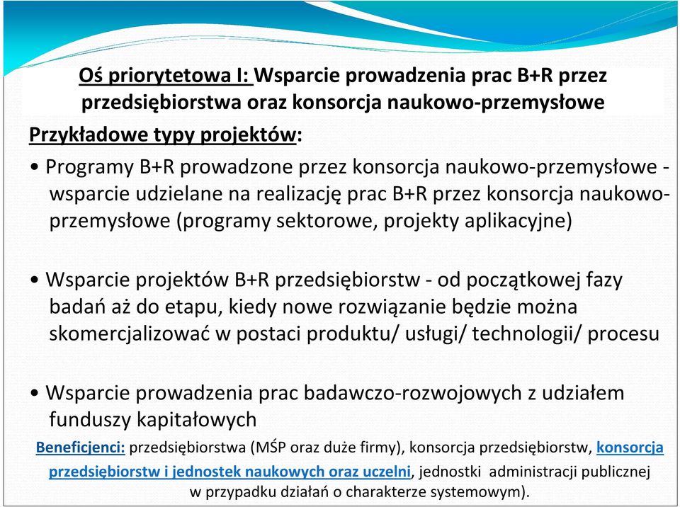 kiedy nowe rozwiązanie będzie można skomercjalizować w postaci produktu/ usługi/ technologii/ procesu Wsparcie prowadzenia prac badawczo-rozwojowych z udziałem funduszy kapitałowych Beneficjenci: