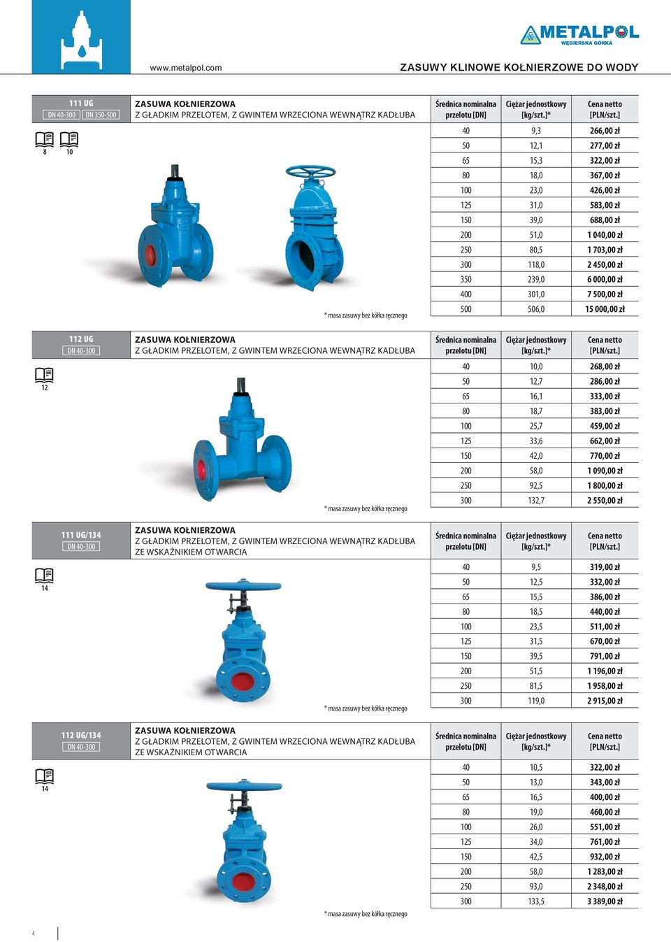 301,0 7 500,00 zł 500 506,0 15 000,00 zł 112 UG DN 40-300 ZASUWA KOŁNIERZOWA Z GŁADKIM PRZELOTEM, Z GWINTEM WRZECIONA WEWNĄTRZ KADŁUBA * 40 10,0 268,00 zł 12 * masa zasuwy bez kółka ręcznego 50 12,7