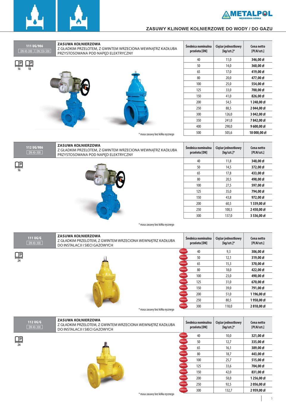 044,00 zł 300 126,0 3 042,00 zł 350 241,0 7 842,00 zł 400 298,0 9 600,00 zł 500 505,6 18 000,00 zł 112 UG/986 DN 40-300 ZASUWA KOŁNIERZOWA Z GŁADKIM PRZELOTEM, Z GWINTEM WRZECIONA WEWNĄTRZ KADŁUBA