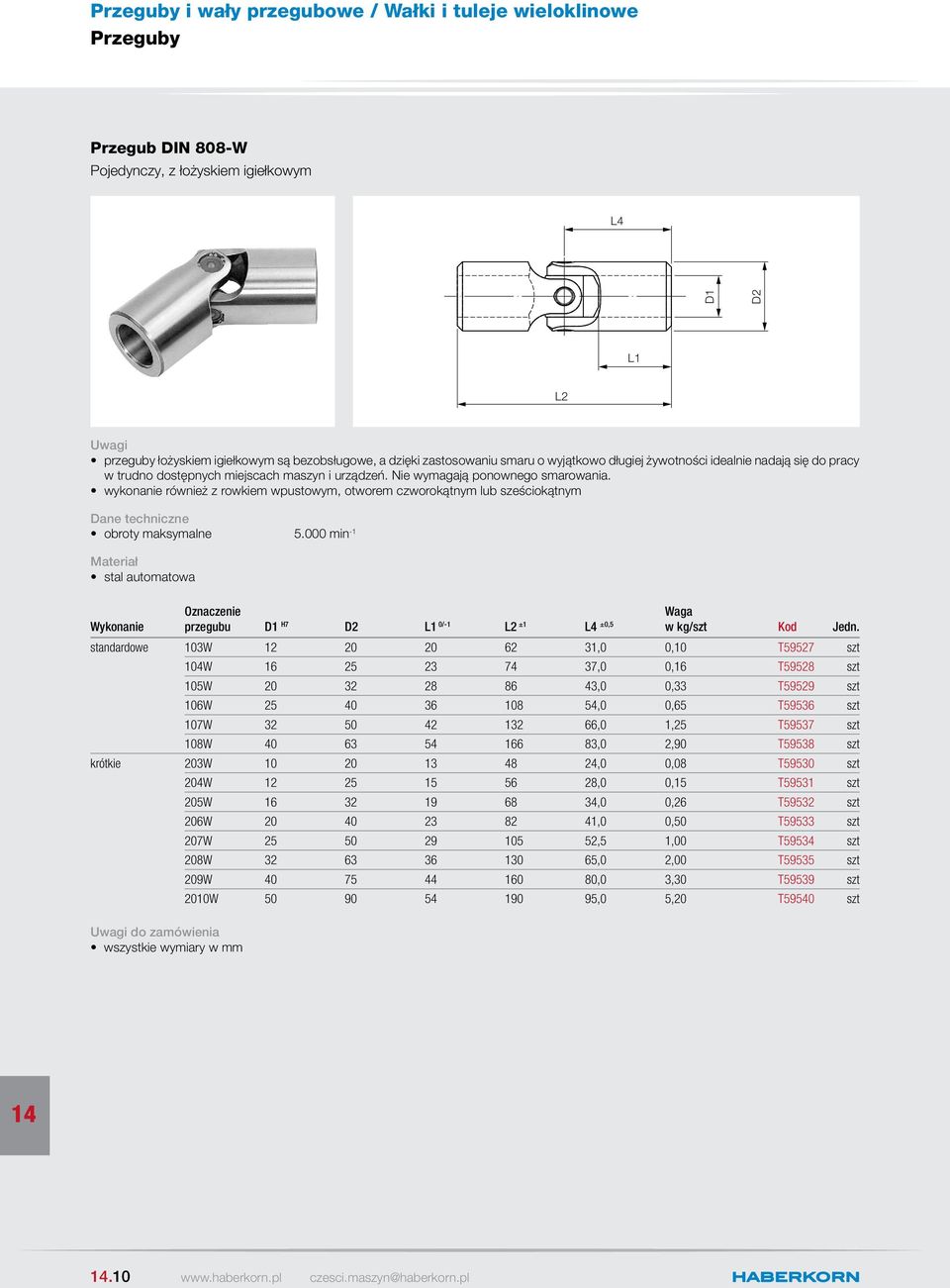 000 min -1 stal automatowa Wykonanie przegubu H7 L1 0/-1 L2 ±1 L4 ±0,5 Waga w kg/szt Kod Jedn.