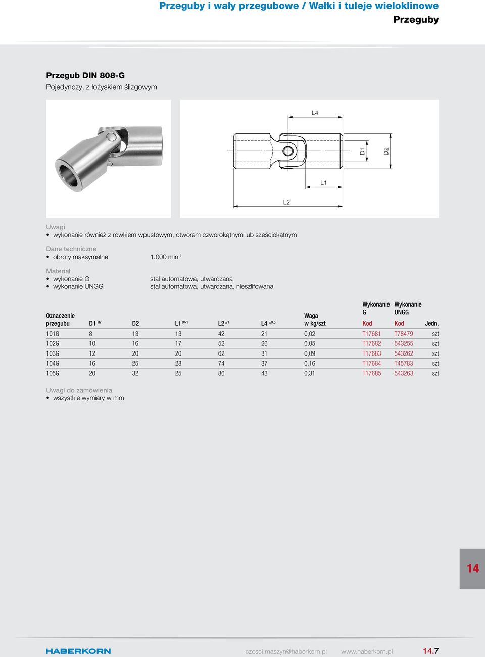 000 min -1 wykonanie G wykonanie UNGG stal automatowa, utwardzana stal automatowa, utwardzana, nieszlifowana Waga przegubu H7 L1 0/-1 L2 ±1 L4 ±0,5 w kg/szt