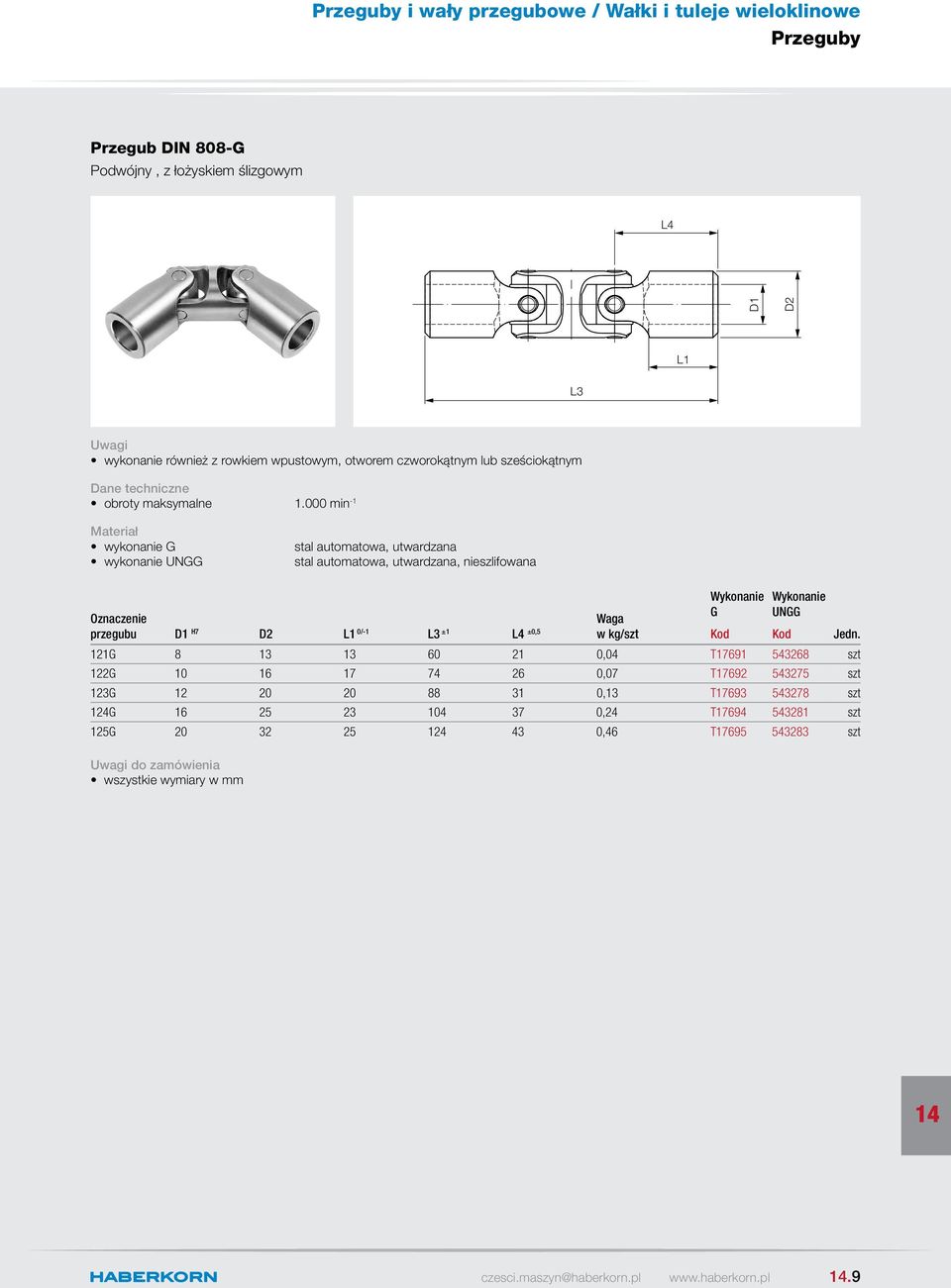 000 min -1 wykonanie G wykonanie UNGG stal automatowa, utwardzana stal automatowa, utwardzana, nieszlifowana Waga przegubu H7 L1 0/-1 L3 ±1 L4 ±0,5 w kg/szt