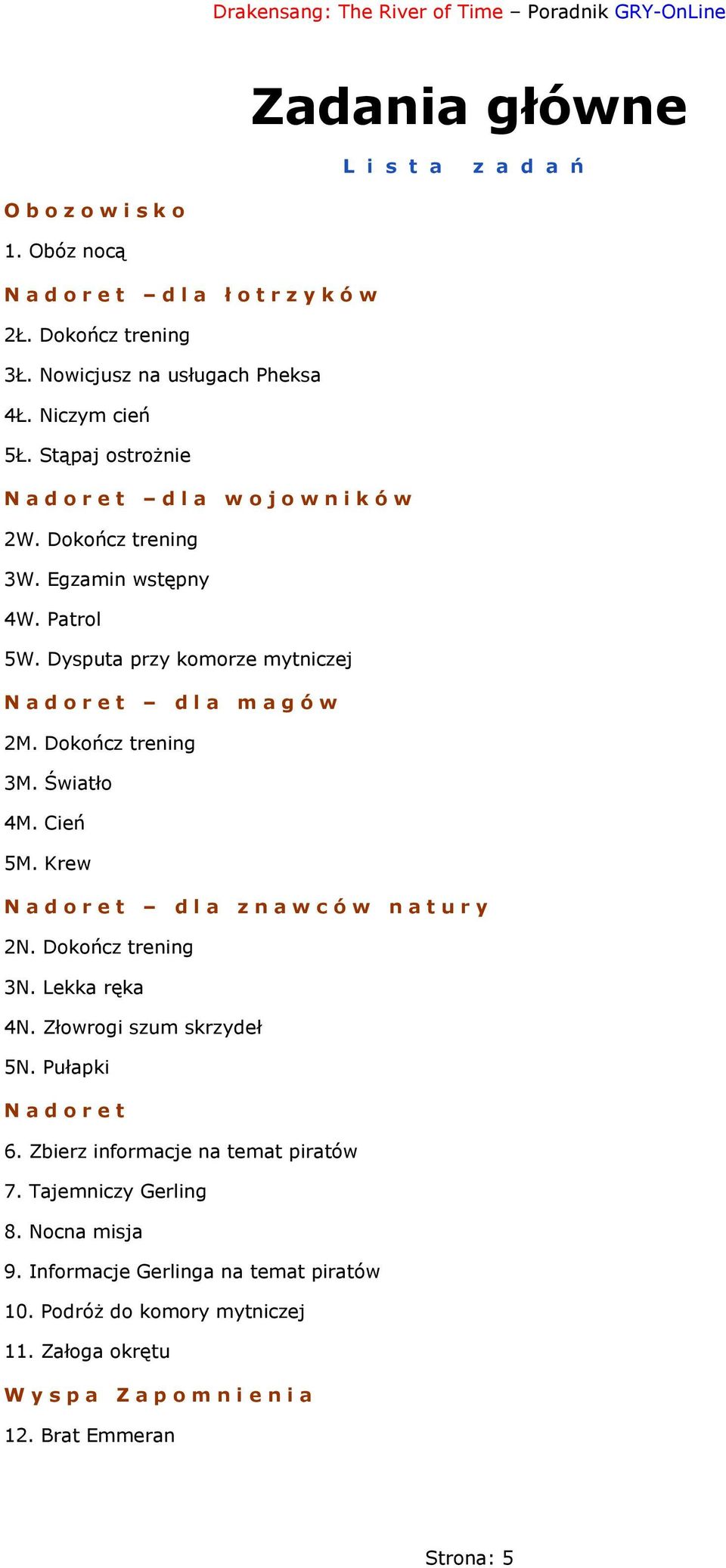 Światło 4M. Cień 5M. Krew Nadoret dla znawców natury 2N. Dokończ trening 3N. Lekka ręka 4N. Złowrogi szum skrzydeł 5N. Pułapki Nadoret 6.