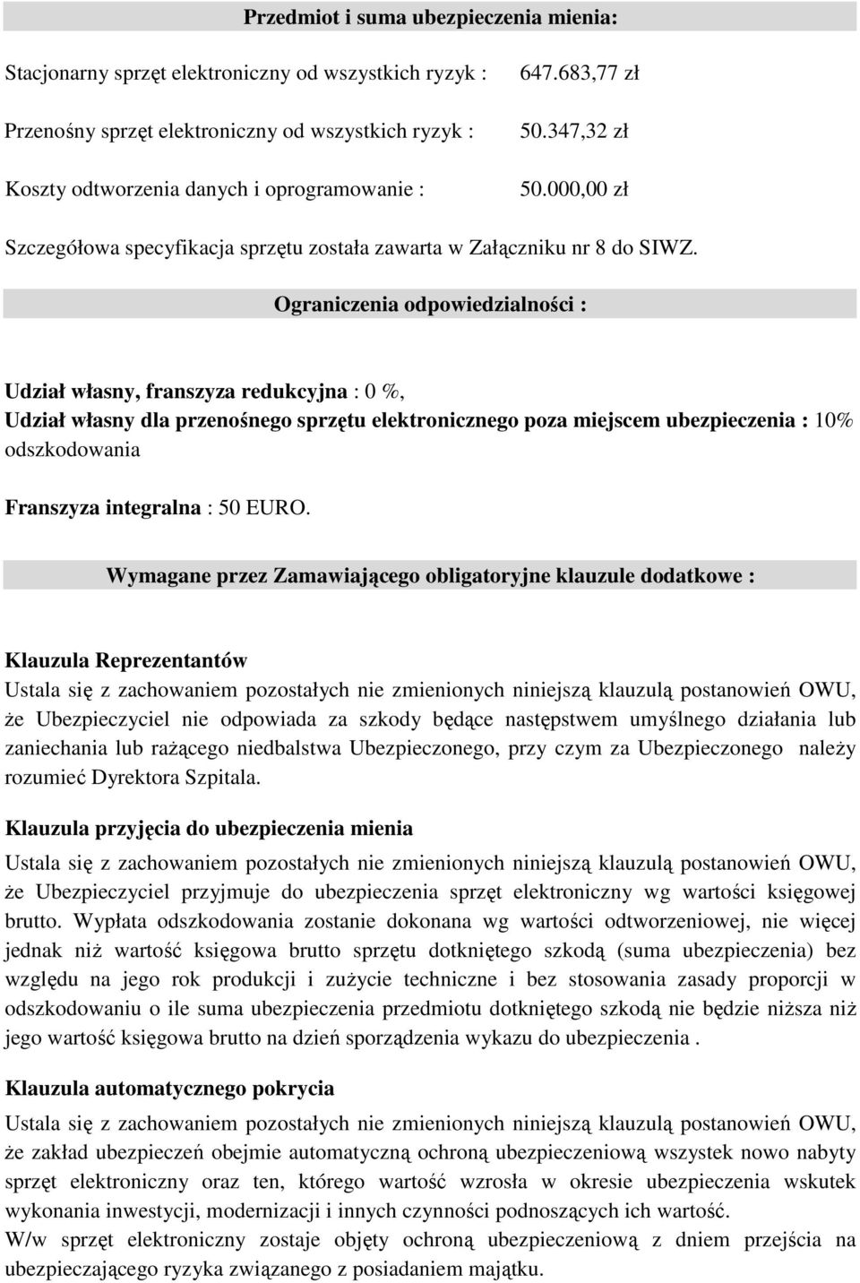 Ograniczenia odpowiedzialności : Udział własny, franszyza redukcyjna : 0 %, Udział własny dla przenośnego sprzętu elektronicznego poza miejscem ubezpieczenia : 10% odszkodowania Franszyza integralna