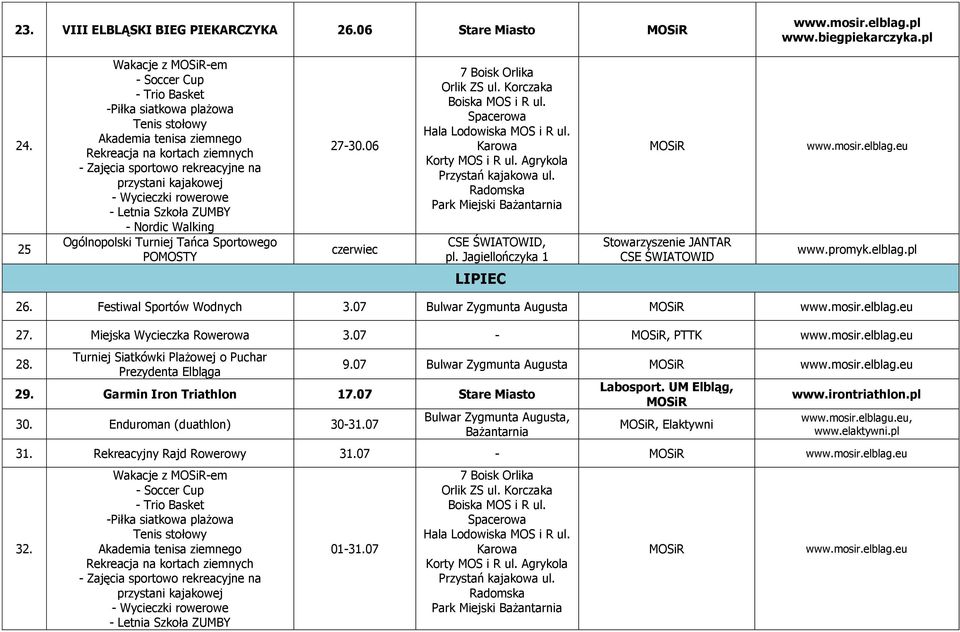 Wycieczki rowerowe - Letnia Szkoła ZUMBY - Nordic Walking Ogólnopolski Turniej Tańca Sportowego POMOSTY 27-30.06 czerwiec 7 Boisk Orlika Orlik ZS ul. Korczaka Boiska MOS i R ul.