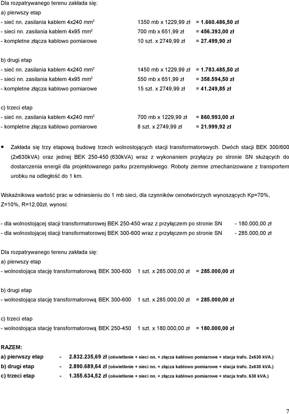 zasilania kablem 4x95 mm 2 550 mb x 651,99 zł = 358.594,50 zł - kompletne złącza kablowo pomiarowe 15 szt. x 2749,99 zł = 41.249,85 zł c) trzeci etap - sieć nn.