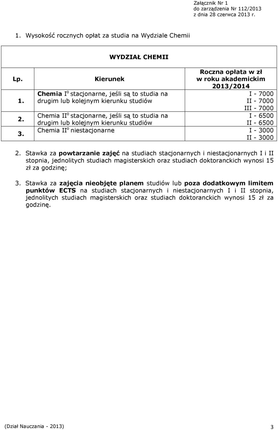 studia na drugim lub Chemia I I - 3000 II - 3000 2.