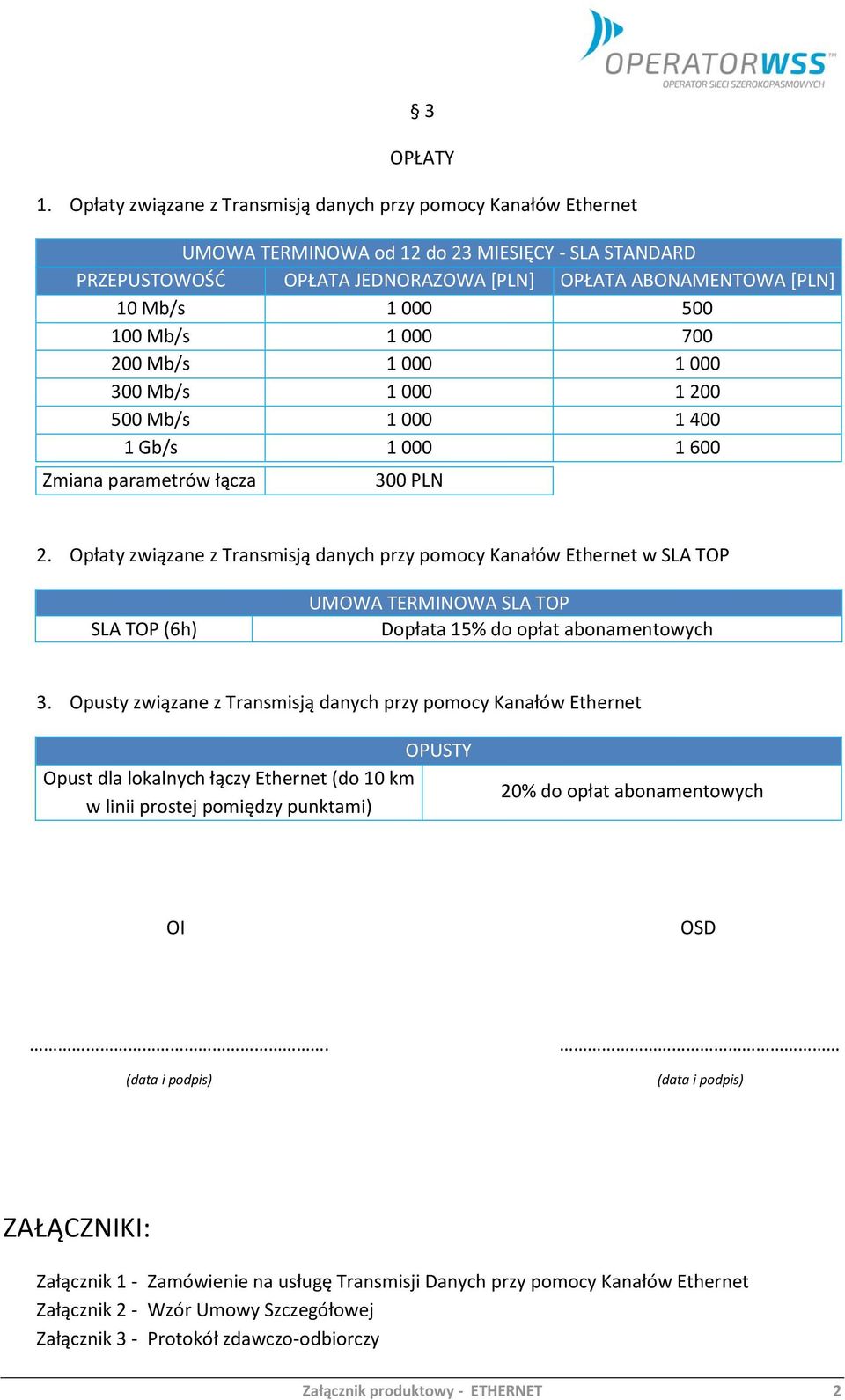 100 Mb/s 1 000 700 200 Mb/s 1 000 1 000 300 Mb/s 1 000 1 200 500 Mb/s 1 000 1 400 1 Gb/s 1 000 1 600 Zmiana parametrów łącza 300 PLN 2.
