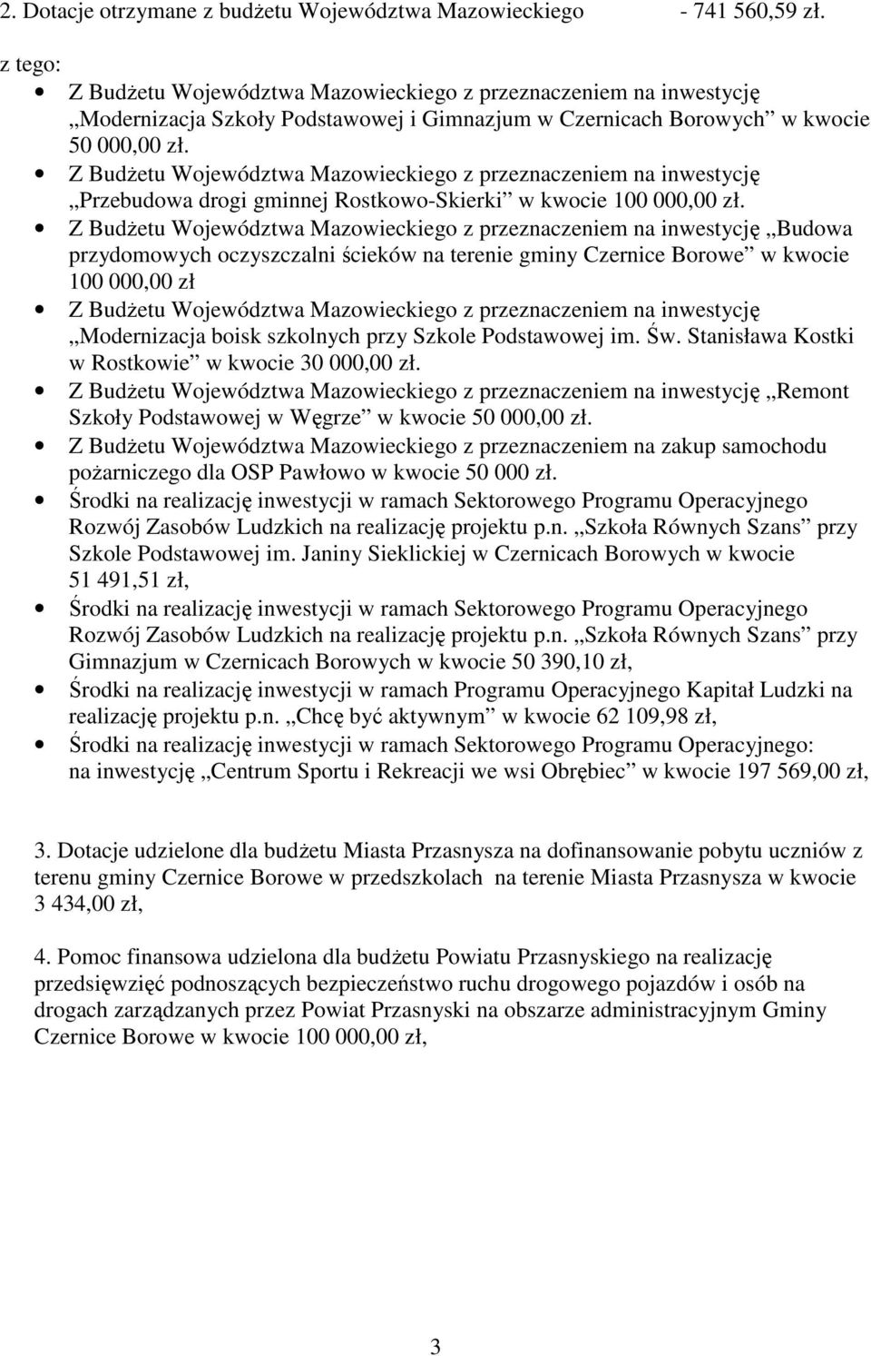 Z BudŜetu Województwa Mazowieckiego z przeznaczeniem na inwestycję Przebudowa drogi gminnej Rostkowo-Skierki w kwocie 100 000,00 zł.