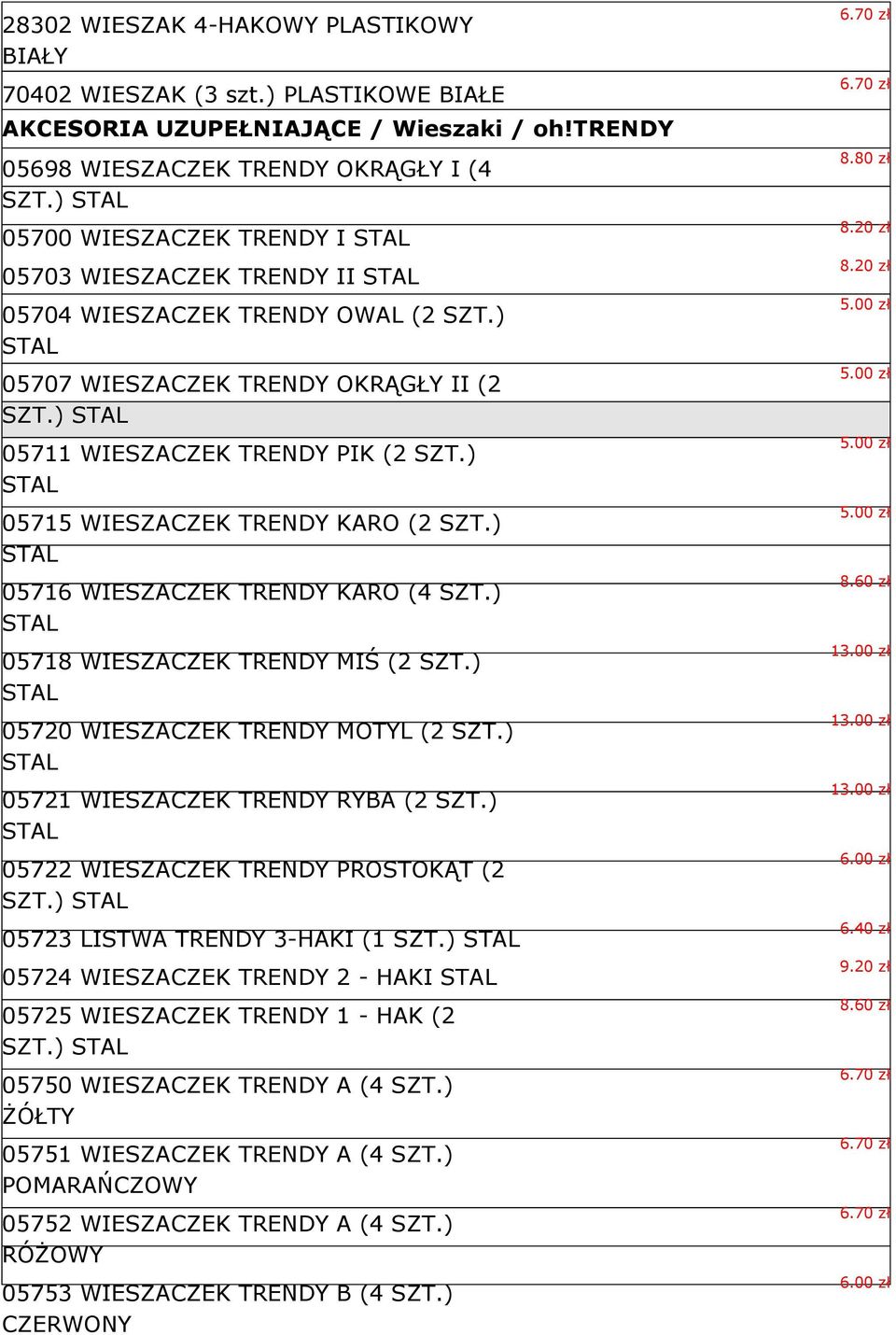 ) STAL 05715 WIESZACZEK TRENDY KARO (2 SZT.) STAL 05716 WIESZACZEK TRENDY KARO (4 SZT.) STAL 05718 WIESZACZEK TRENDY MIŚ (2 SZT.) STAL 05720 WIESZACZEK TRENDY MOTYL (2 SZT.