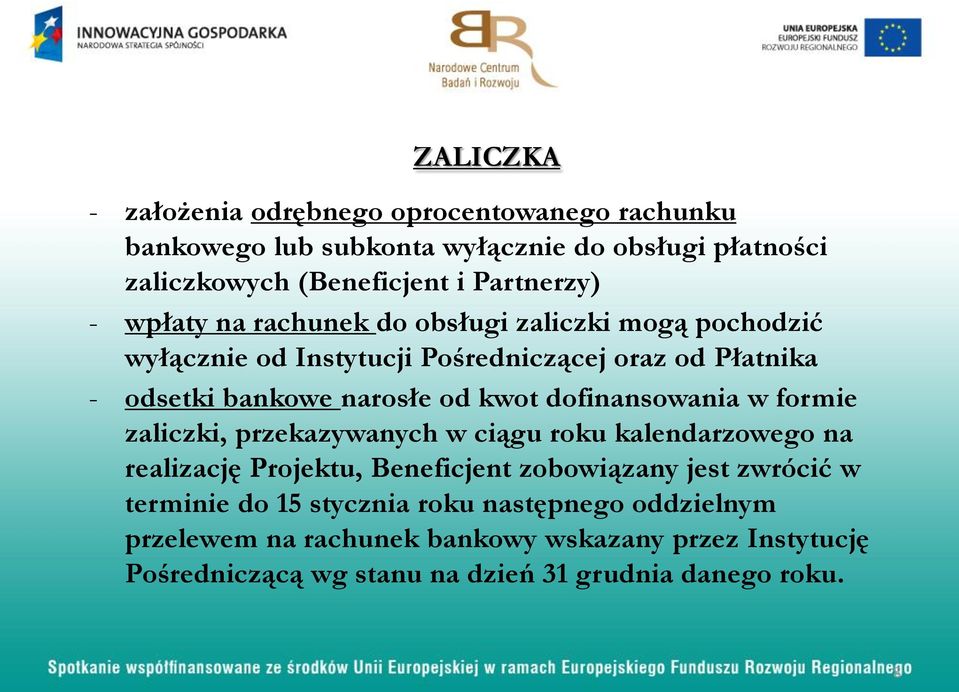 dofinansowania w formie zaliczki, przekazywanych w ciągu roku kalendarzowego na realizację Projektu, Beneficjent zobowiązany jest zwrócić w terminie