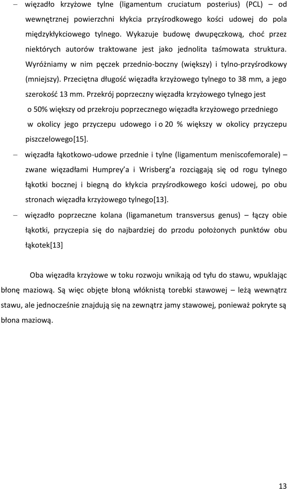 Przeciętna długość więzadła krzyżowego tylnego to 38 mm, a jego szerokość 13 mm.