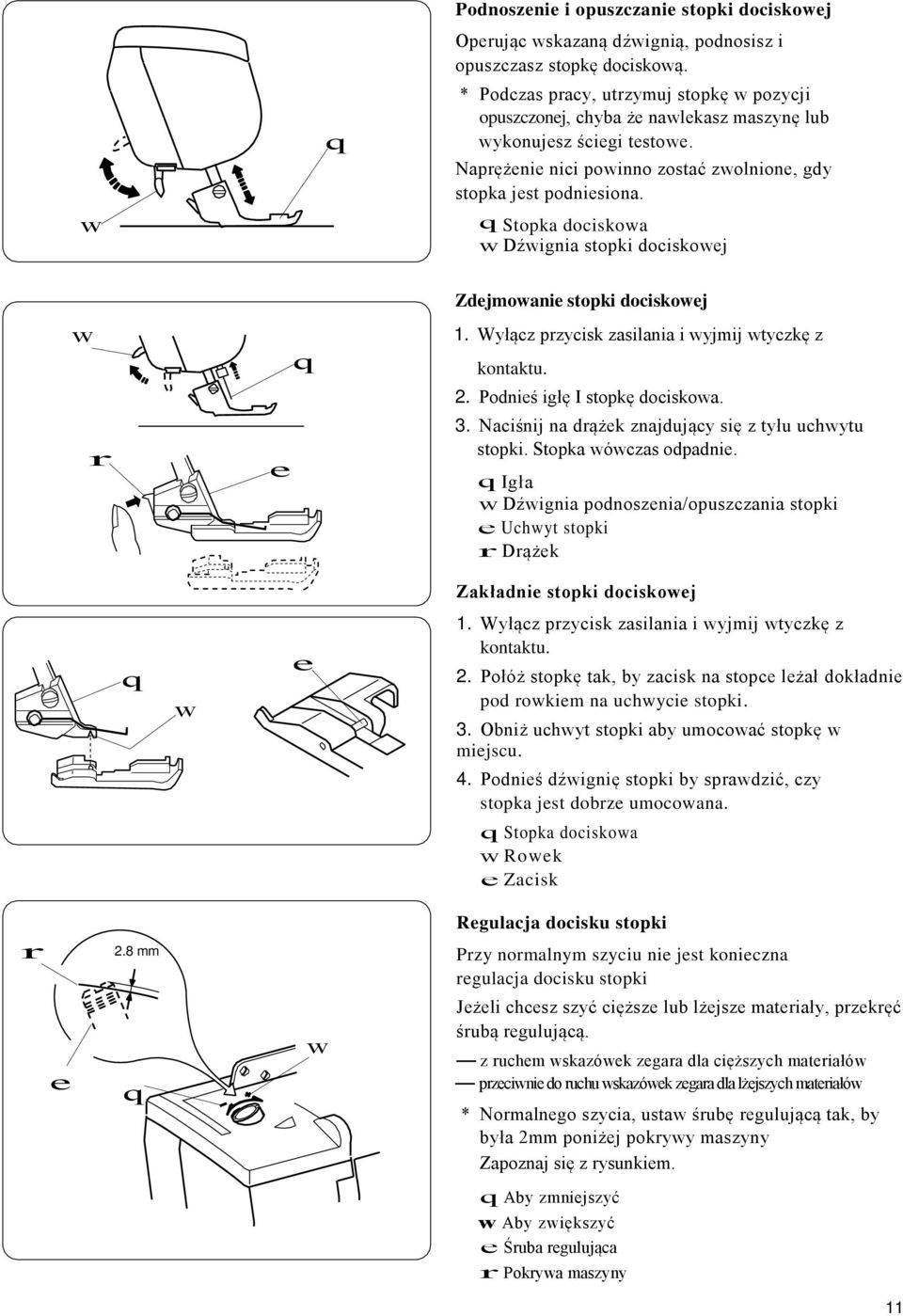 Podniś igłę I sopkę dociskoa. 3. Naciśnij na dążk znajdujący się z yłu uchyu sopki. Sopka óczas odpadni. Igła Dźignia podnosznia/opuszczania sopki Uchy sopki Dążk Zakładni sopki dociskoj 1.