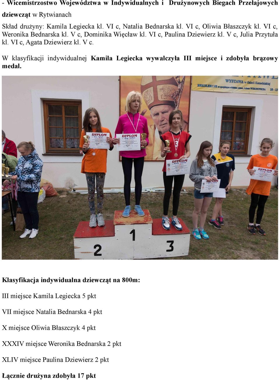 Klasyfikacja indywidualna dziewcząt na 800m: III miejsce Kamila Legiecka 5 pkt VII miejsce Natalia Bednarska 4 pkt X miejsce Oliwia Błaszczyk 4 pkt XXXIV miejsce