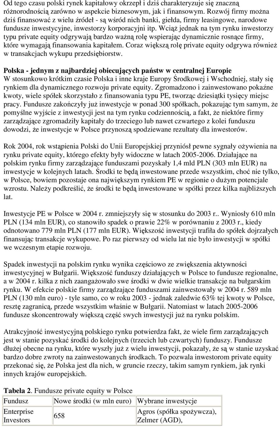 WciąŜ jednak na tym rynku inwestorzy typu private equity odgrywają bardzo waŝną rolę wspierając dynamicznie rosnące firmy, które wymagają finansowania kapitałem.
