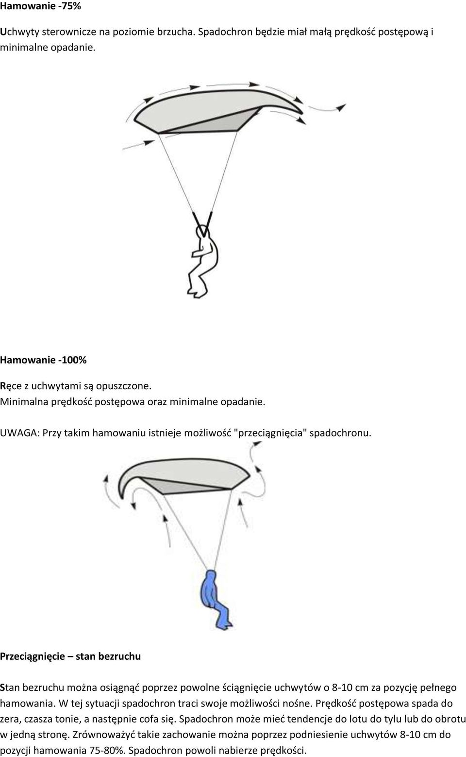 Przeciągnięcie stan bezruchu Stan bezruchu można osiągnąd poprzez powolne ściągnięcie uchwytów o 8-10 cm za pozycję pełnego hamowania. W tej sytuacji spadochron traci swoje możliwości nośne.