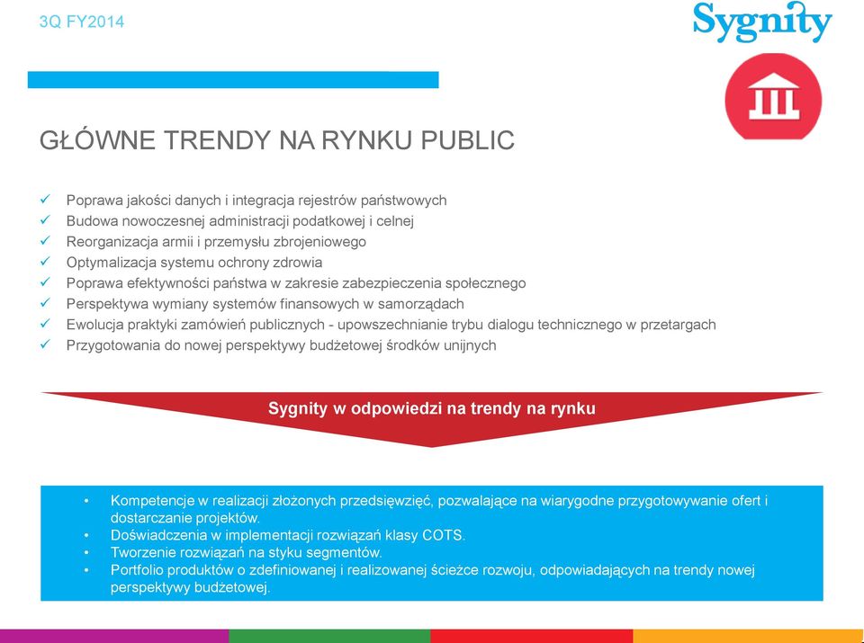 - upowszechnianie trybu dialogu technicznego w przetargach Przygotowania do nowej perspektywy budżetowej środków unijnych Sygnity w odpowiedzi na trendy na rynku Kompetencje w realizacji złożonych