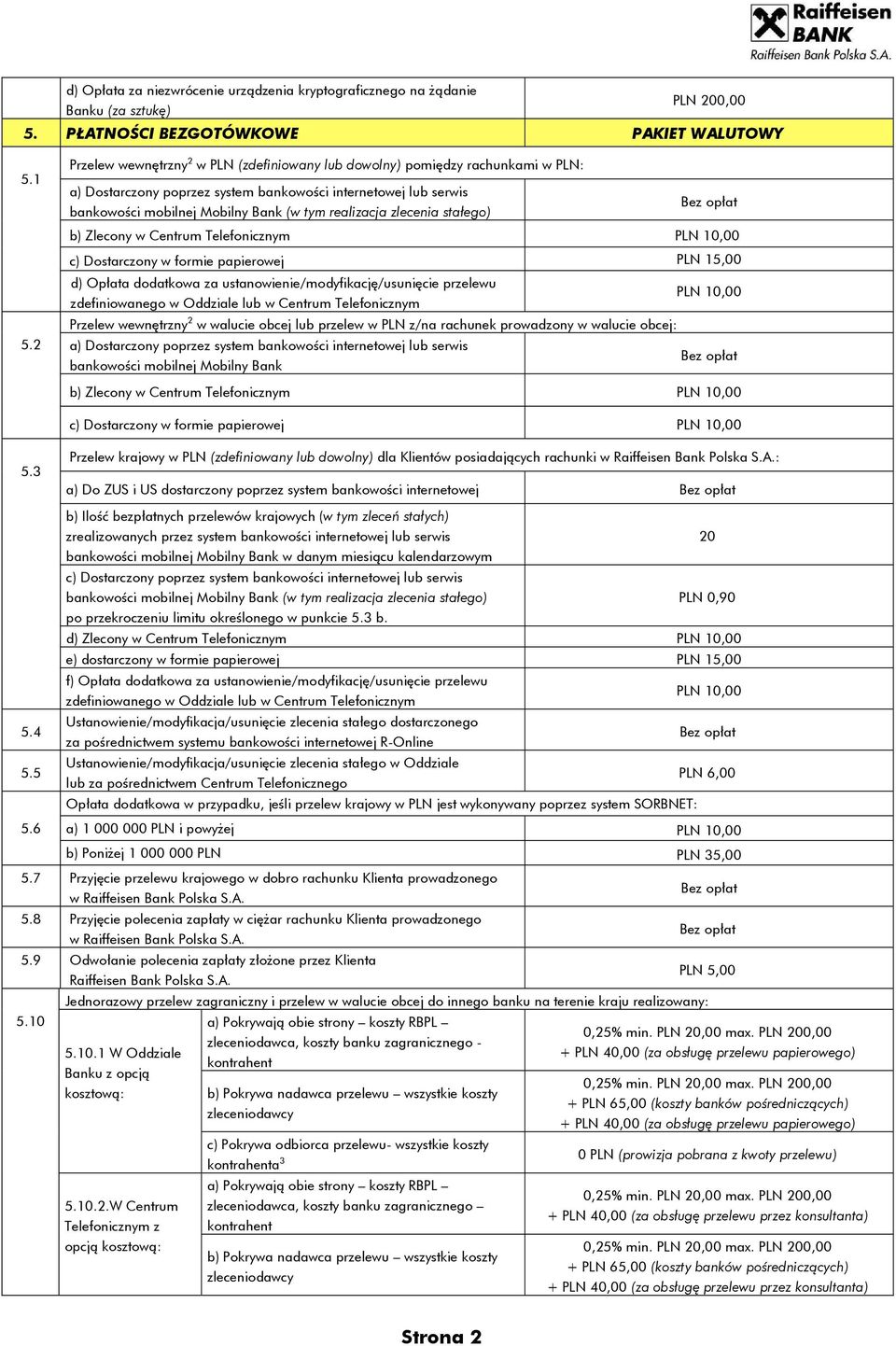 zlecenia stałego) b) Zlecony w Centrum Telefonicznym PLN 10,00 c) Dostarczony w formie papierowej PLN 15,00 d) Opłata dodatkowa za ustanowienie/modyfikację/usunięcie przelewu zdefiniowanego w