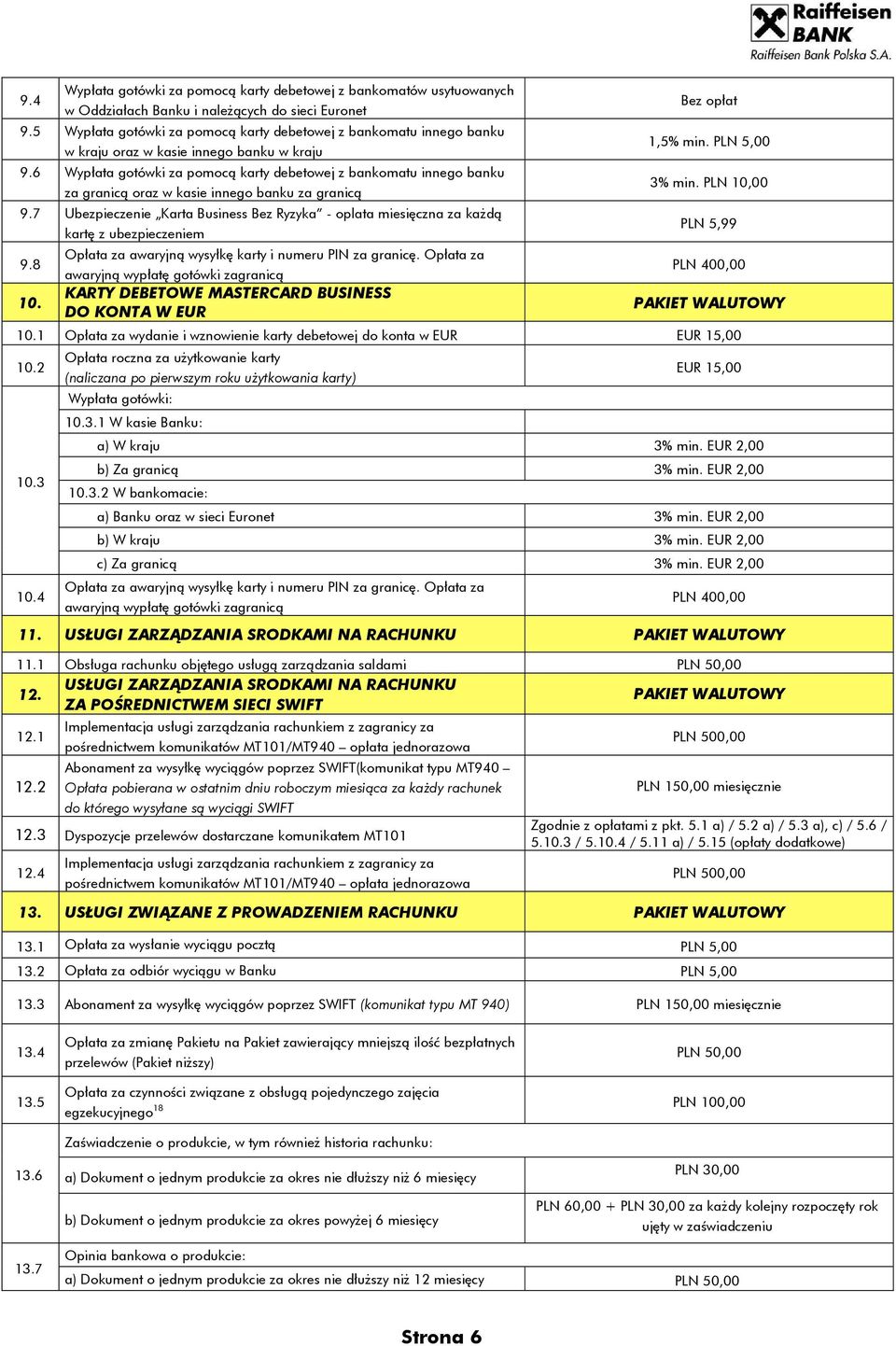 6 Wypłata gotówki za pomocą karty debetowej z bankomatu innego banku za granicą oraz w kasie innego banku za granicą 9.7 Ubezpieczenie Karta Business Bez Ryzyka - oplata miesięczna za każdą 9.8 10.