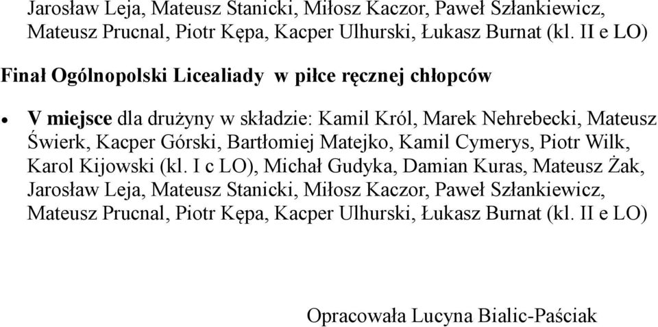 Kacper Górski, Bartłomiej Matejko, Kamil Cymerys, Piotr Wilk, Karol Kijowski (kl.