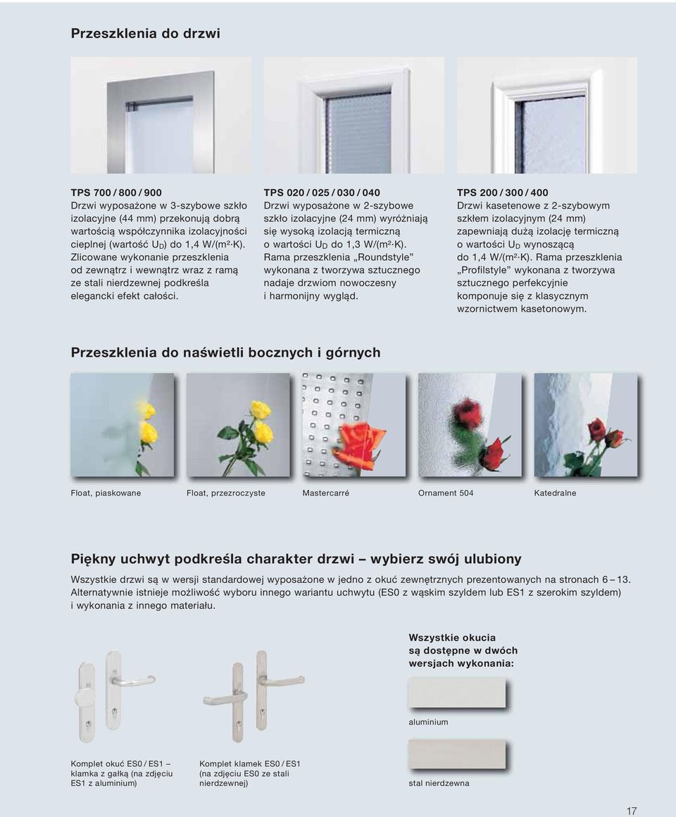 TPS 020 / 025 / 030 / 040 Drzwi wyposażone w 2-szybowe szkło izolacyjne (24 mm) wyróżniają się wysoką izolacją termiczną o wartości U D do 1,3 W/ (m² K).