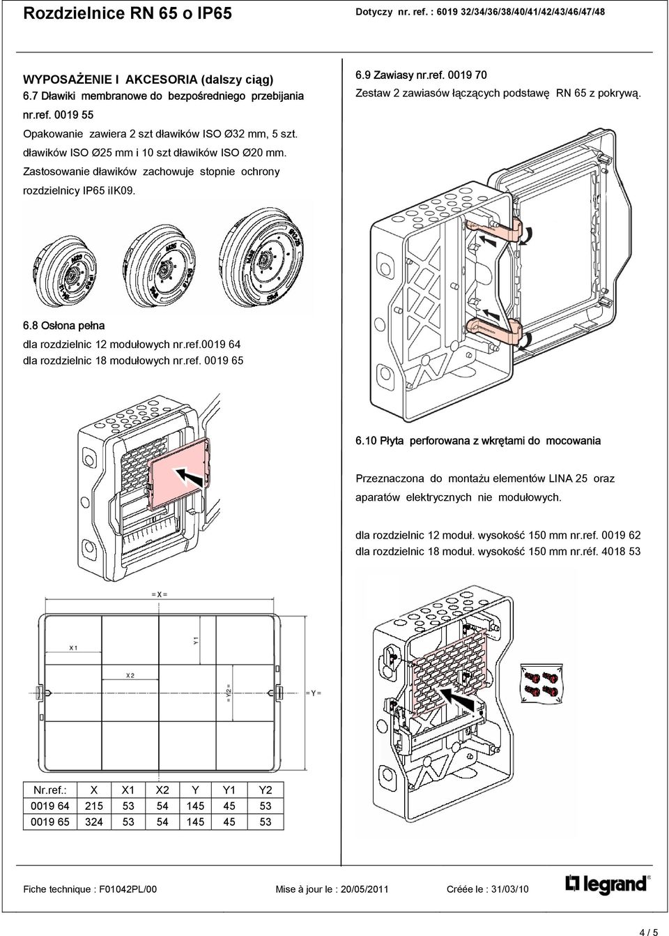 0019 64 dla rozdzielnic 18 modułowych nr.ref. 0019 65 6.10 Płyta perforowana z wkrętami do mocowania Przeznaczona do montażu elementów LINA 25 oraz aparatów elektrycznych nie modułowych.