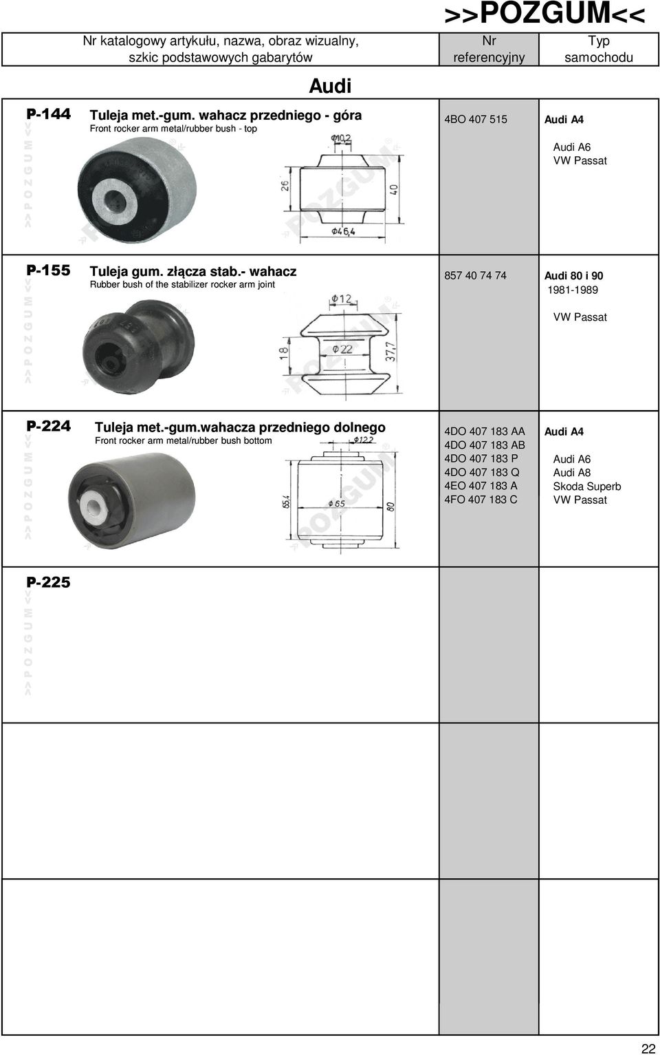 - wahacz Rubber bush of the stabilizer rocker arm joint 857 40 74 74 Audi 80 i 90 1981-1989 VW Passat P-224 Tuleja met.-gum.