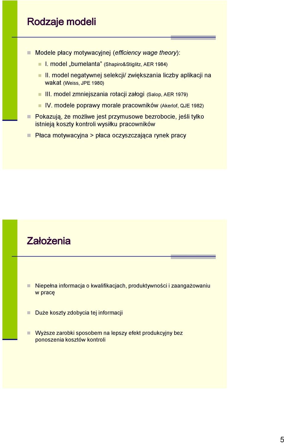 modele poprawy morale pracowników (Akerlof, QJE 1982) Pokazują, że możliwe jest przymusowe bezrobocie, jeśli tylko istnieją koszty kontroli wysiłku pracowników Płaca