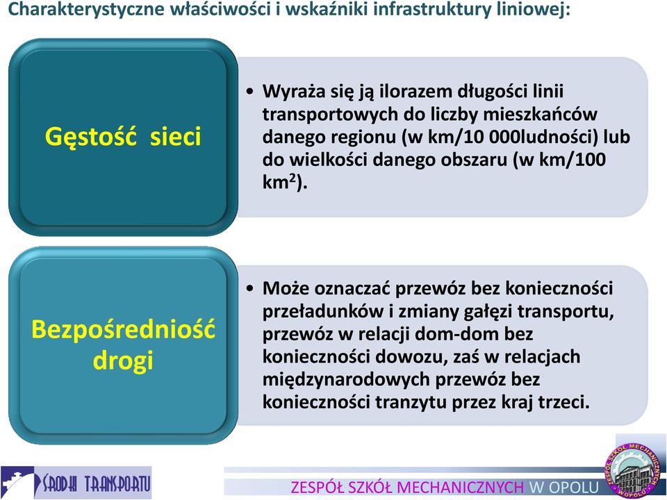 2 ). Bezpośredniośd drogi Może oznaczad przewóz bez konieczności przeładunków i zmiany gałęzi transportu, przewóz w