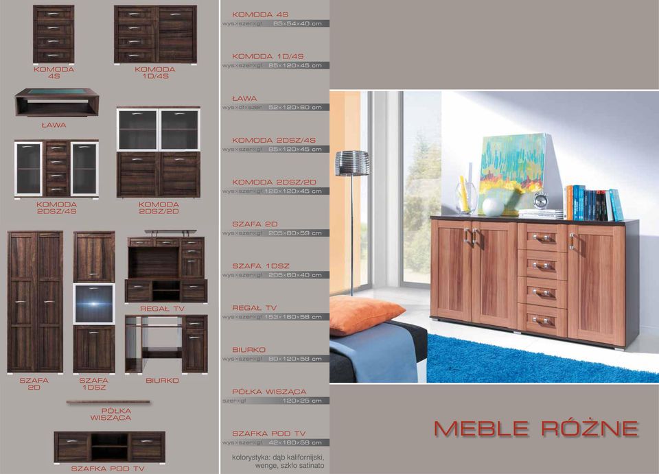 205 60 40 cm REGAŁ TV REGAŁ TV 153 160 58 cm BIURKO 80 120 58 cm SZAFA 2D SZAFA 1DSZ BIURKO PÓŁKA WISZĄCA szer gł