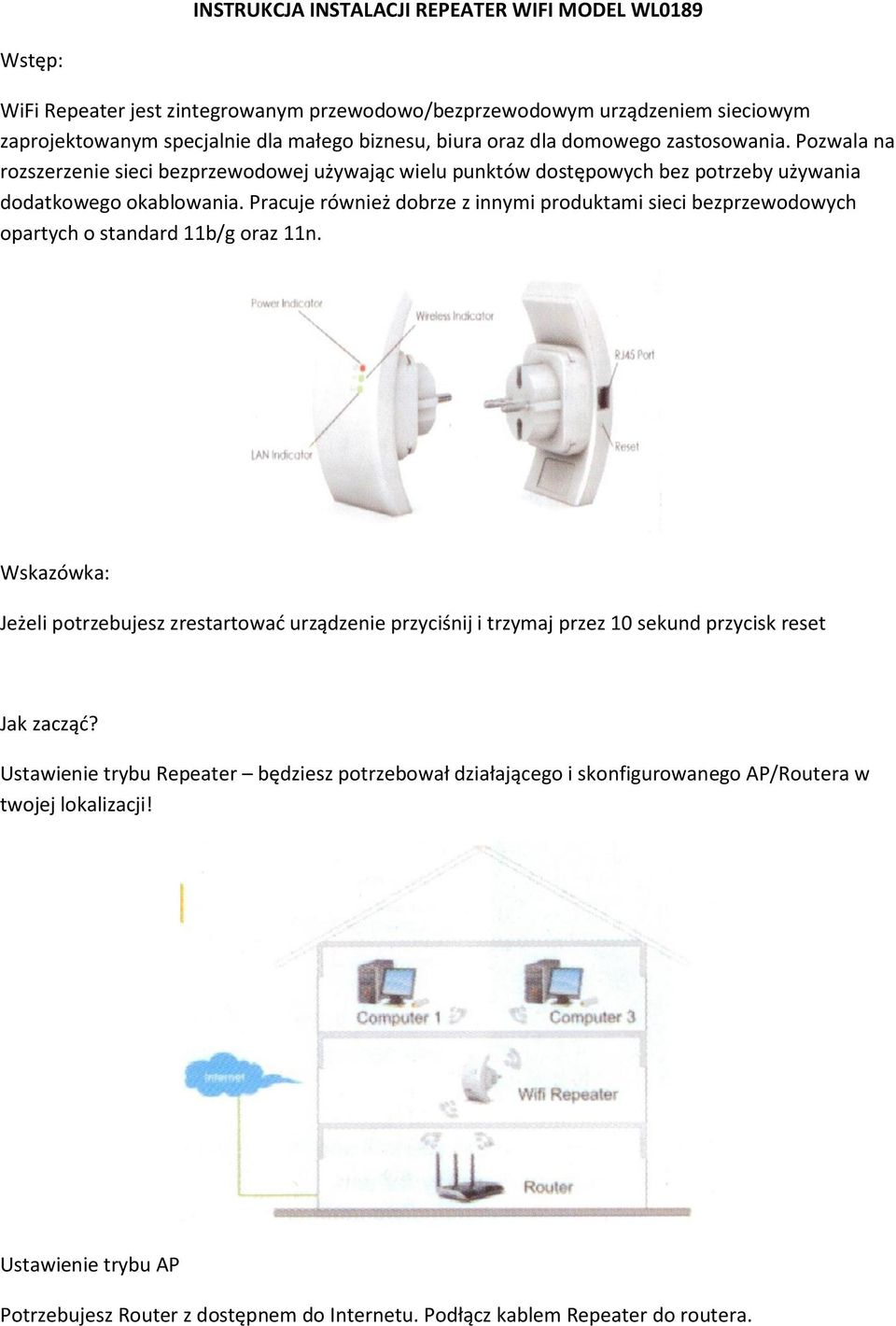 INSTRUKCJA INSTALACJI REPEATER WIFI MODEL WL PDF Free Download