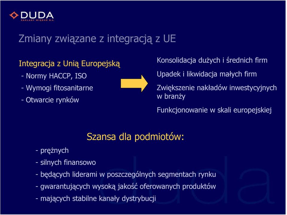 branży Funkcjonowanie w skali europejskiej Szansa dla podmiotów: -prężnych - silnych finansowo -będących liderami w