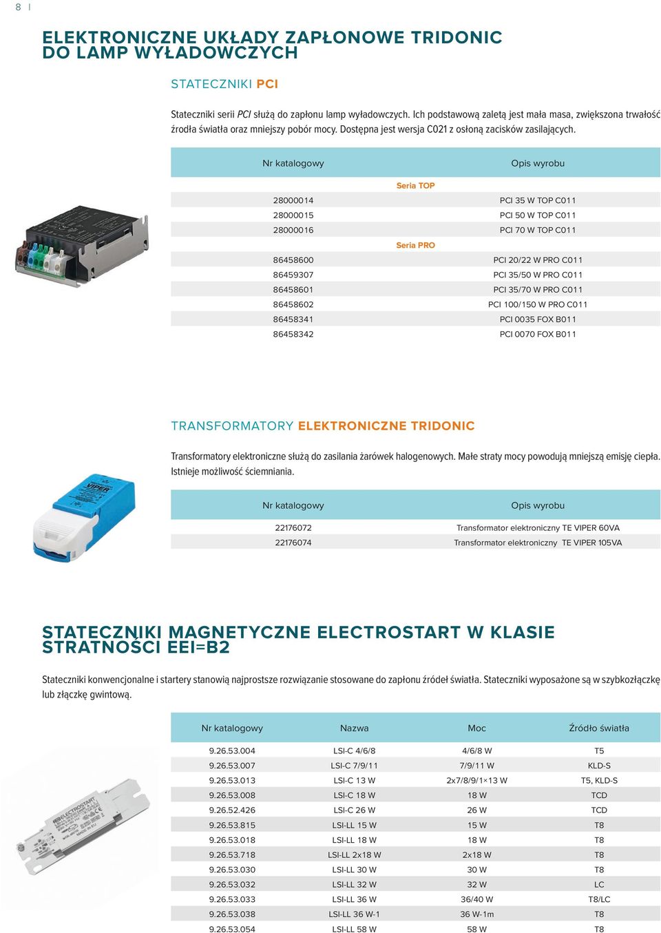 Nr kataogowy Opis wyrobu Seria TOP 28000014 PCI 35 W TOP C011 28000015 PCI 50 W TOP C011 28000016 PCI 70 W TOP C011 Seria PRO 86458600 PCI 20/22 W PRO C011 86459307 PCI 35/50 W PRO C011 86458601 PCI