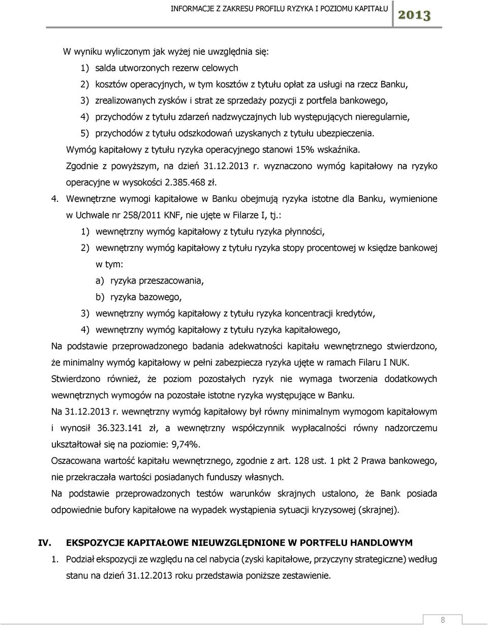 Wymóg kapitałowy z tytułu ryzyka operacyjnego stanowi 15% wskaźnika. Zgodnie z powyższym, na dzień 31.12. r. wyznaczono wymóg kapitałowy na ryzyko operacyjne w wysokości 2.385.468 zł. 4.