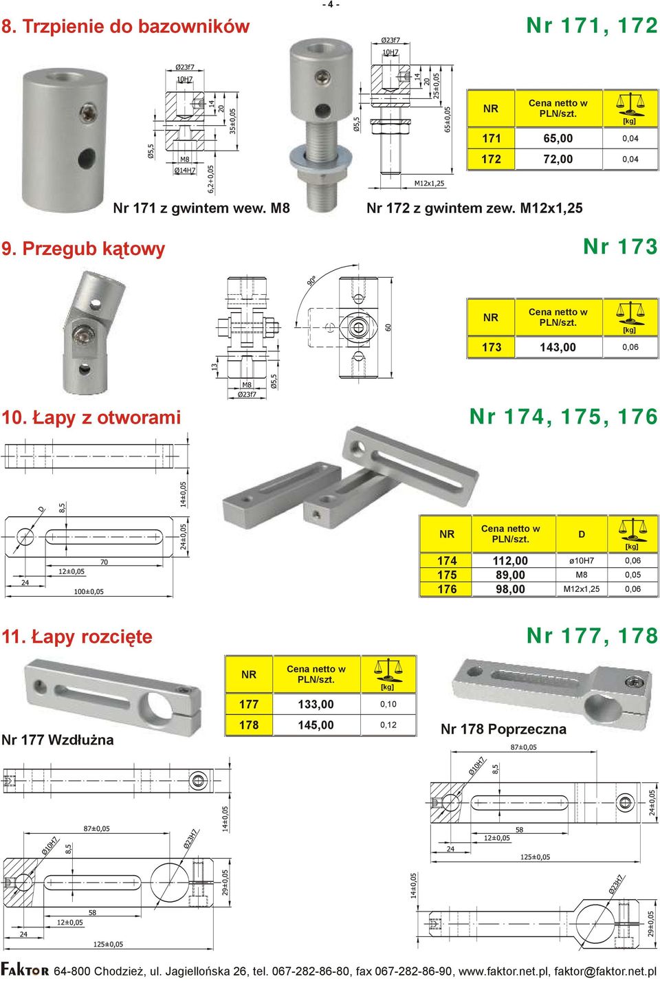 Łapy z otworami Nr 174, 175, 176 D 174 112,00 0,06 175 89,00 M8 0,05 176 98,00 M12x1,25