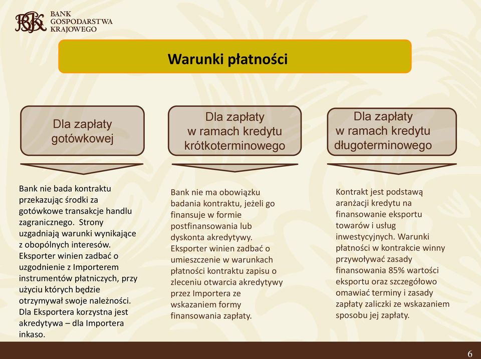 Eksporter winien zadbać o uzgodnienie z Importerem instrumentów płatniczych, przy użyciu których będzie otrzymywał swoje należności. Dla Eksportera korzystna jest akredytywa dla Importera inkaso.