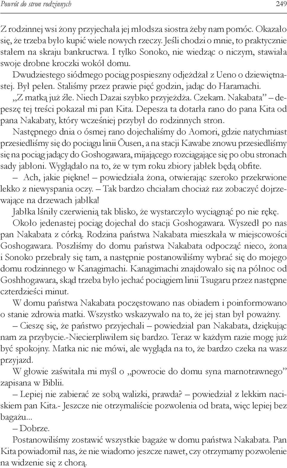 Dwudziestego siódmego pociąg pospieszny odjeżdżał z Ueno o dziewiętnastej. Był pełen. Staliśmy przez prawie pięć godzin, jadąc do Haramachi. Z matką już źle. Niech Dazai szybko przyjeżdża. Czekam.