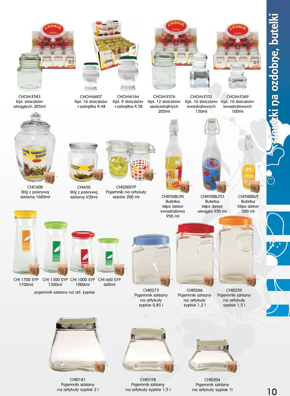 16 słoiczków kwadratowych ml słoiczki na ozdobne, butelki 48 CHI1600 Słój z pokrywą szklaną 1600ml CHI450 Słój z pokrywą szklaną 450ml CHI200SYP Pojemnik na artykuły sepkie 200 ml CHI950BUTK Butelka