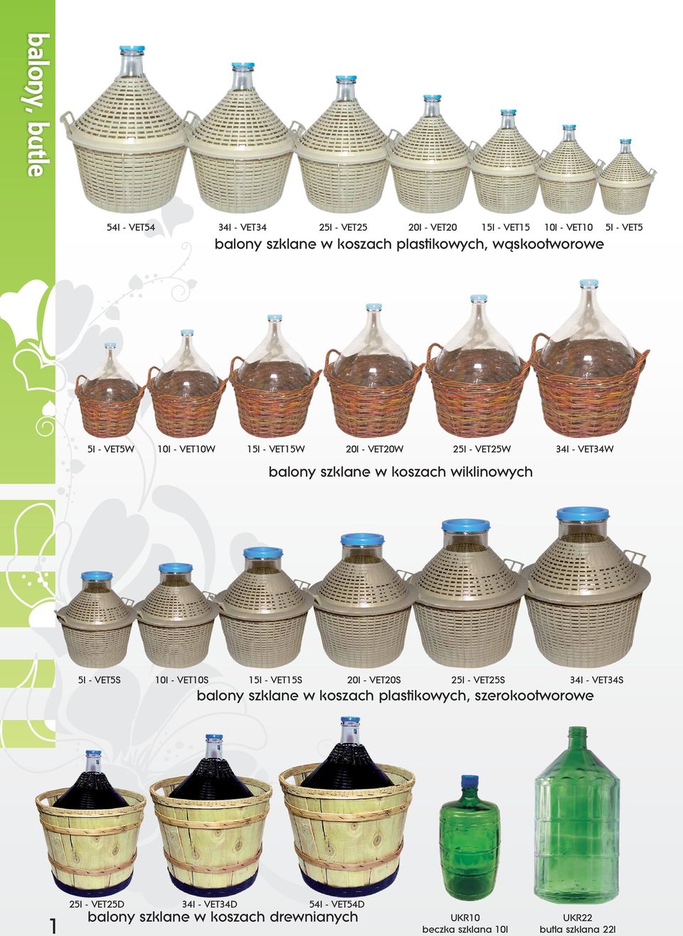 wiklinowych 5l - VET5S 10l - VET10S 15l - VET15S 20l - VET20S 25l - VET25S 34l - VET34S balony szklane w koszach plastikowych,