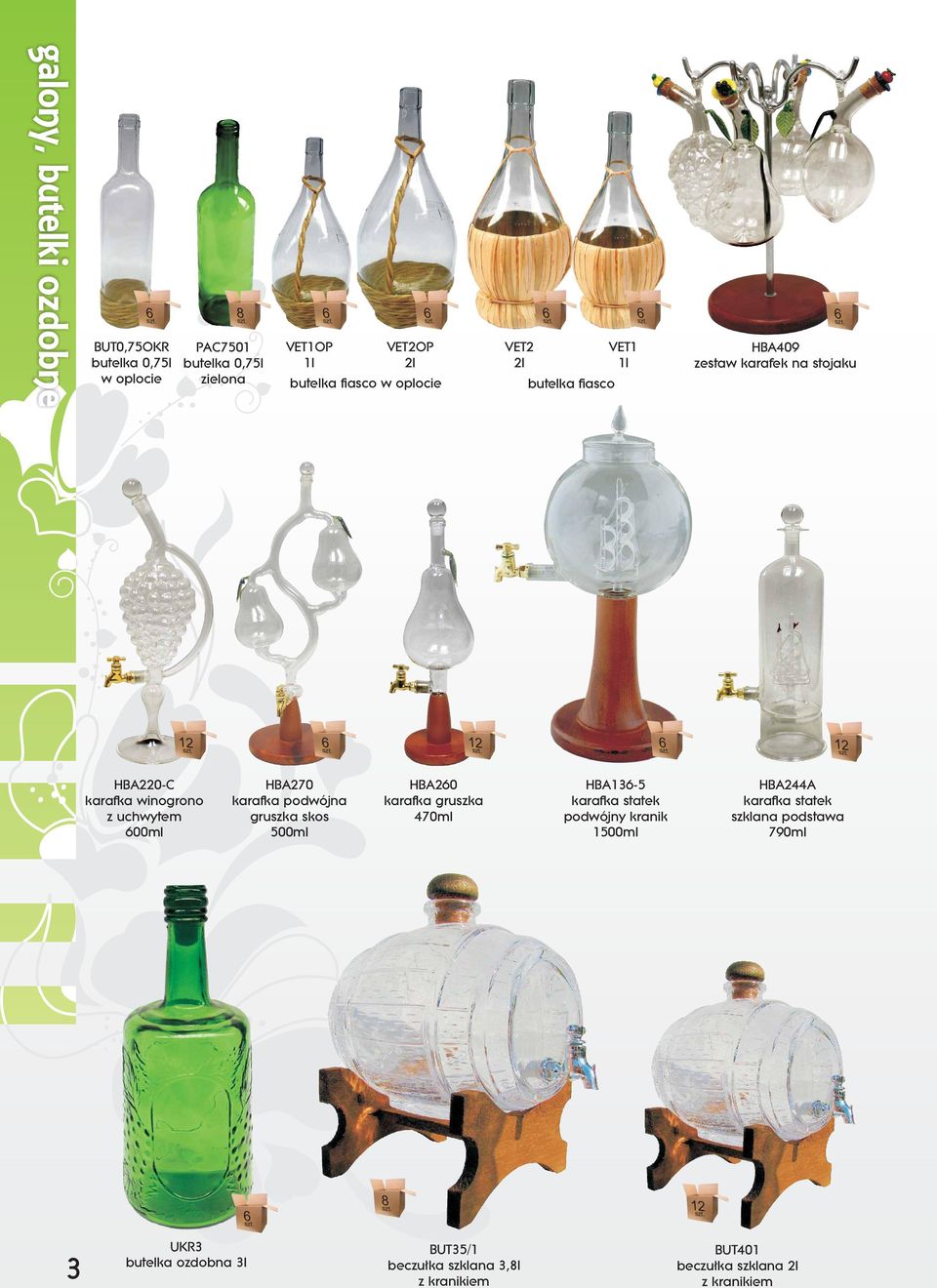 HBA270 karafka podwójna gruszka skos 500ml HBA260 karafka gruszka 470ml HBA136-5 karafka statek podwójny kranik 1500ml HBA4A karafka