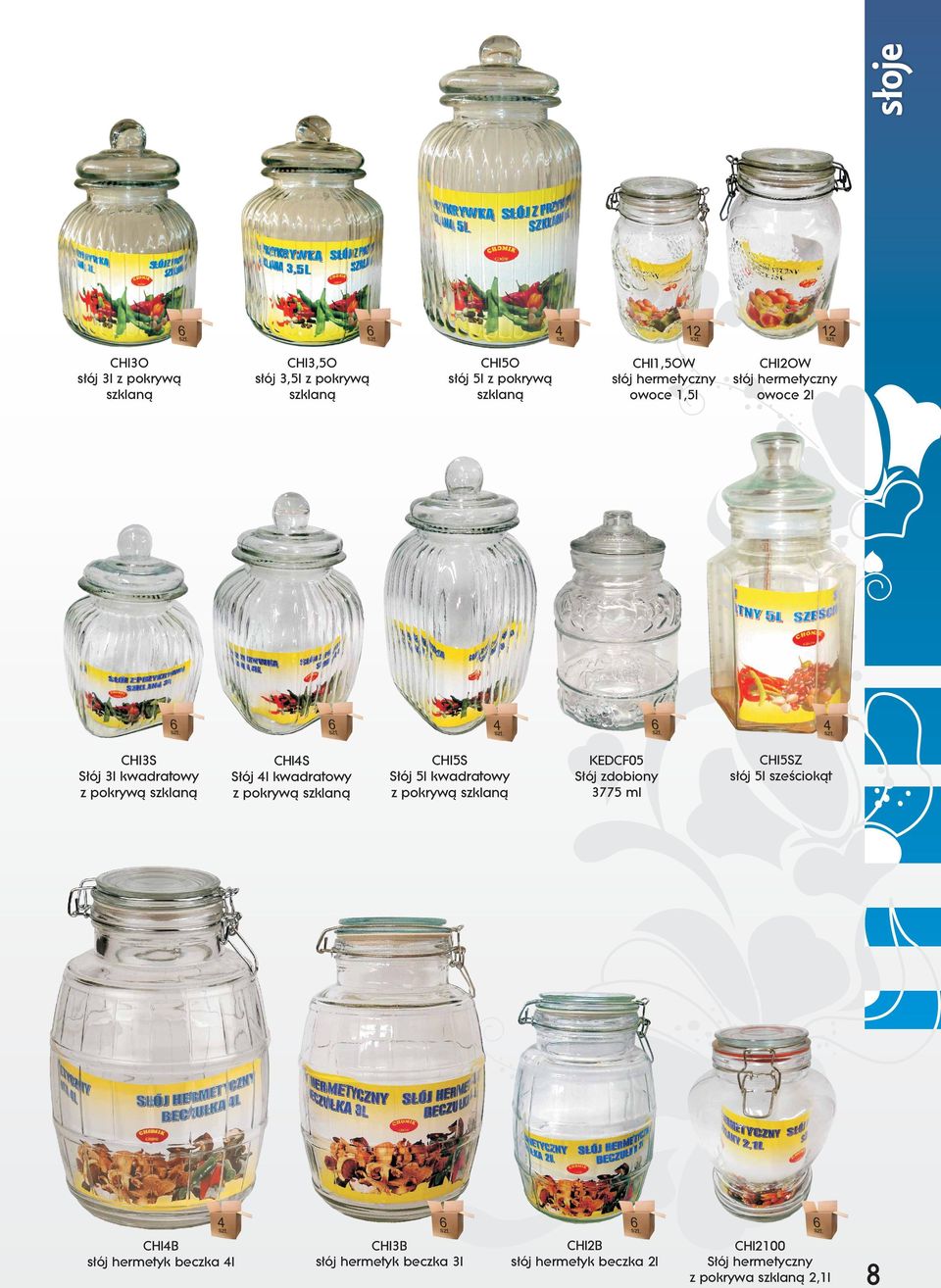 kwadratowy z pokrywąszklaną CHI5S Słój 5l kwadratowy z pokrywąszklaną KEDCF05 Słój zdobiony 3775 ml CHI5SZ słój 5l sześciokąt