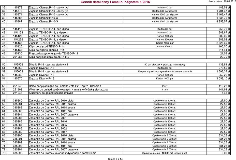 2016 36 145372 Złączka Clamex P-10 - nowy typ Karton 80 par 489,54 zł 37 145373 Złączka Clamex P-10 - nowy typ Karton 300 par złączek 1 704,47 zł 38 145374 Złączka Clamex P-10 - nowy typ Karton 1000