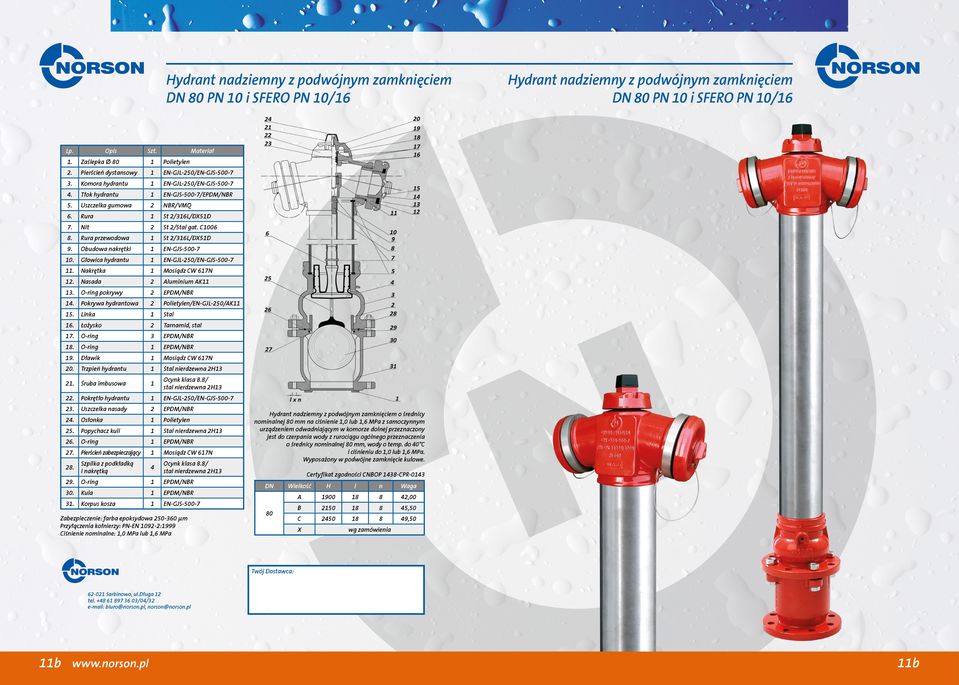 Nit 2 St 2/Stal gat. C1006 8. Rura przewodowa 1 St 2/316L/DX51D 9. Obudowa nakrętki 1 EN-GJS-500-7 10. Głowica hydrantu 1 EN-GJL-250/EN-GJS-500-7 11. Nakrętka 1 Mosiądz CW 617N 12.