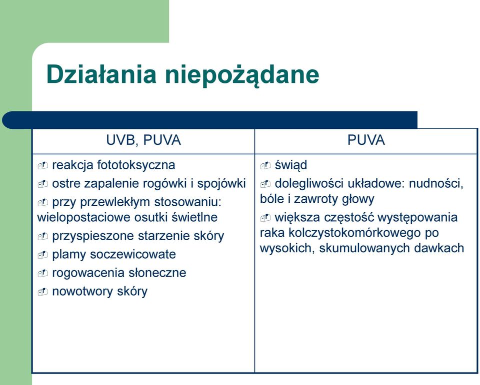 soczewicowate rogowacenia słoneczne nowotwory skóry świąd PUVA dolegliwości układowe: nudności,