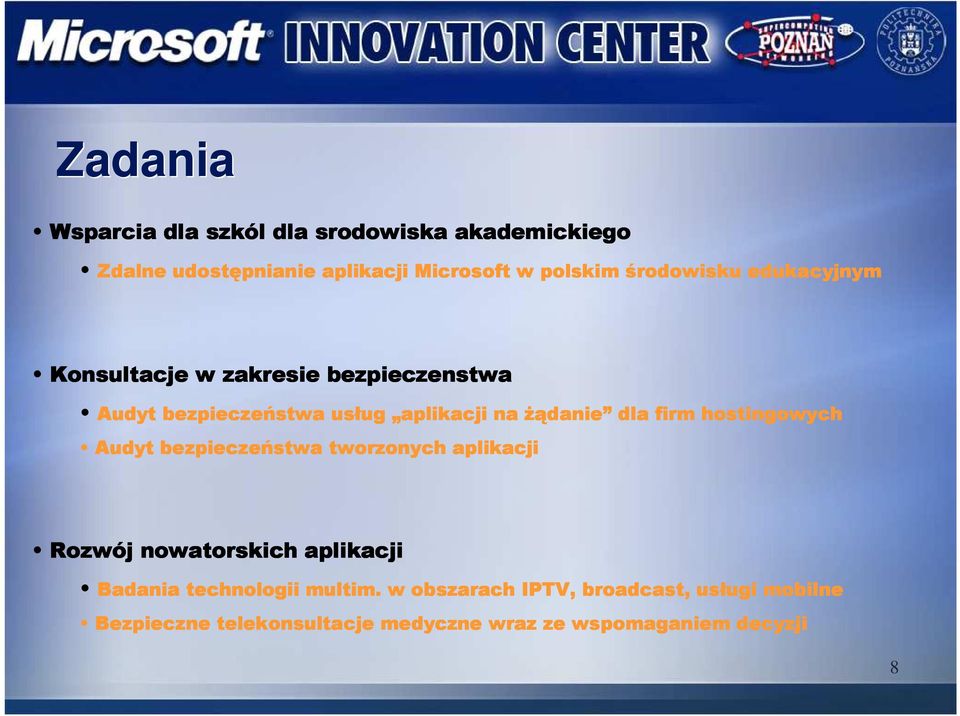 danie dla firm hostingowych Audyt bezpieczeństwa tworzonych aplikacji Rozwój nowatorskich aplikacji Badania