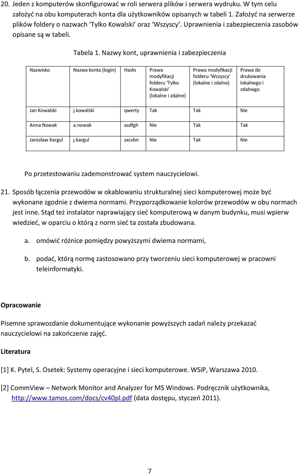 Nazwy kont, uprawnienia i zabezpieczenia Nazwisko Nazwa konta (login) Hasło Prawa modyfikacji folderu Tylko Kowalski (lokalne i zdalne) Prawa modyfikacji folderu Wszyscy (lokalne i zdalne) Prawa do