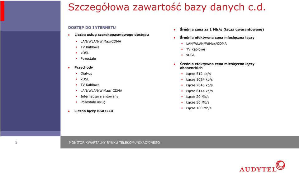 DOSTĘP DO INTERNETU Liczba usług szerokopasmowego dostępu LAN/WLAN/WiMax/CDMA TV Kablowe xdsl Pozostałe Przychody Dial-up xdsl TV