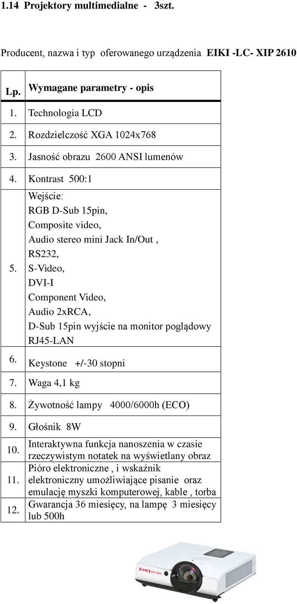 Kontrast 500:1 Wejście: RGB D-Sub 15pin, Composite video, Audio stereo mini Jack In/Out, RS232, S-Video, DVI-I Component Video, Audio 2xRCA, D-Sub 15pin wyjście na monitor poglądowy