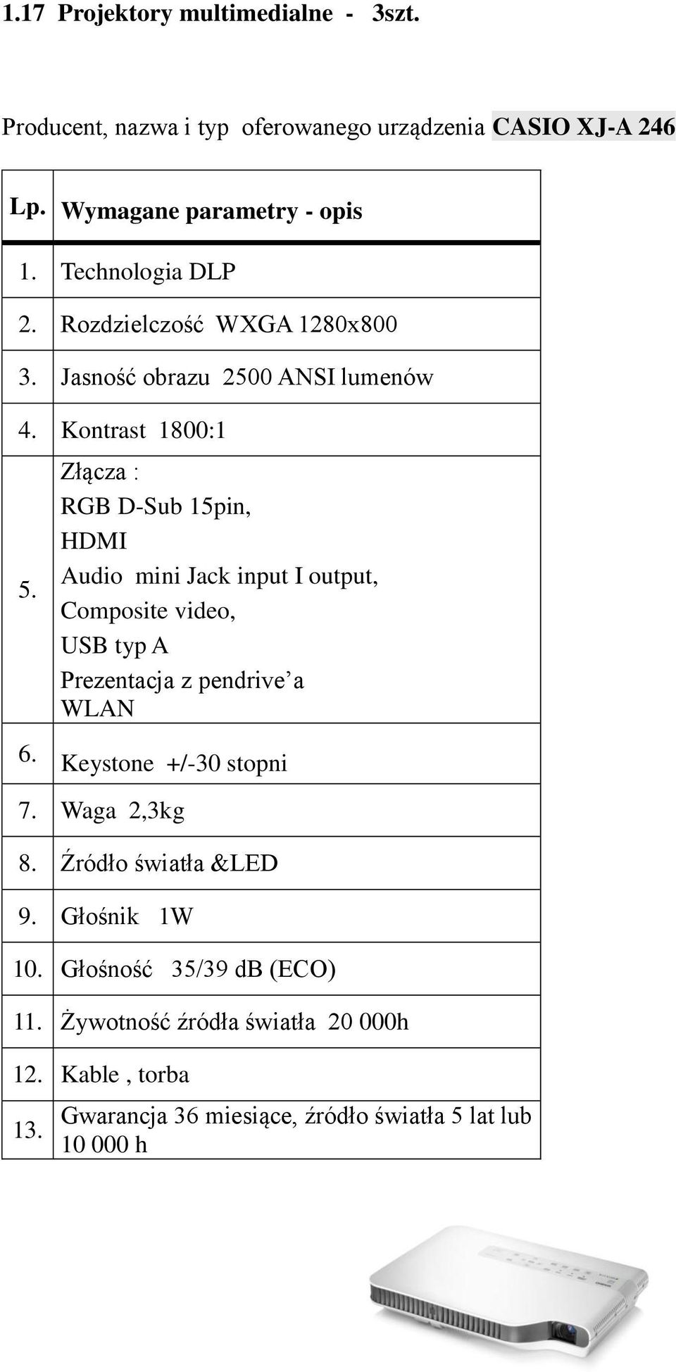 Kontrast 1800:1 Złącza : RGB D-Sub 15pin, HDMI Audio mini Jack input I output, Composite video, USB typ A Prezentacja z pendrive a WLAN